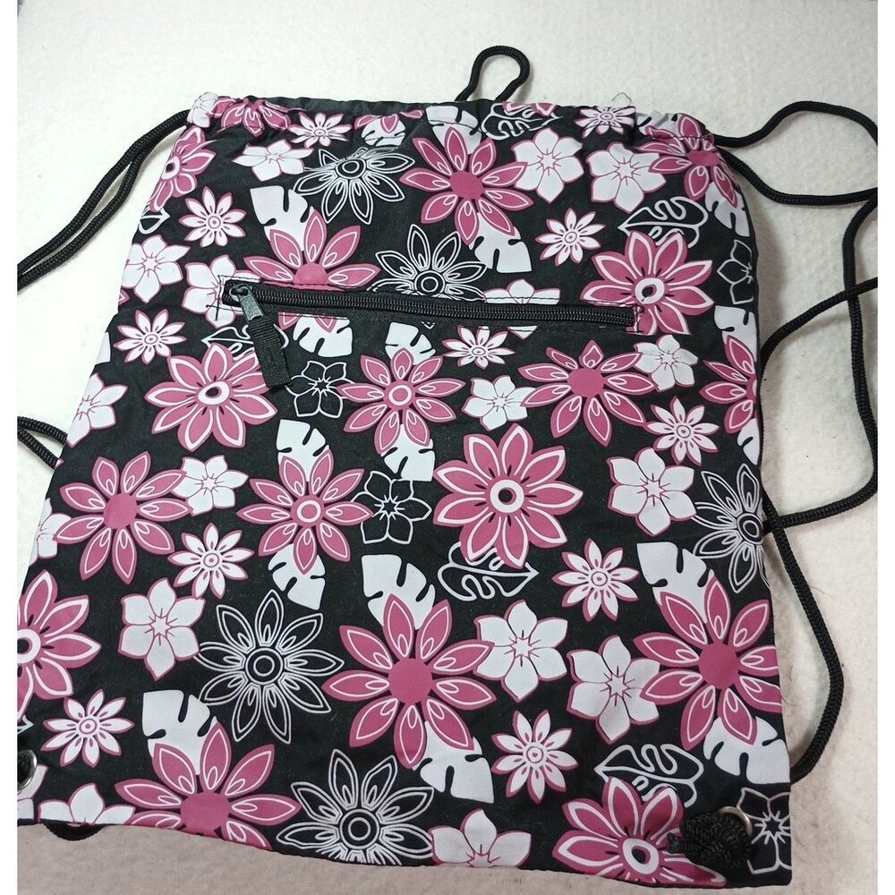 Pink & Black Floral Cinch Bag Nylon Backpack 12x15 Drawstring Lightweight